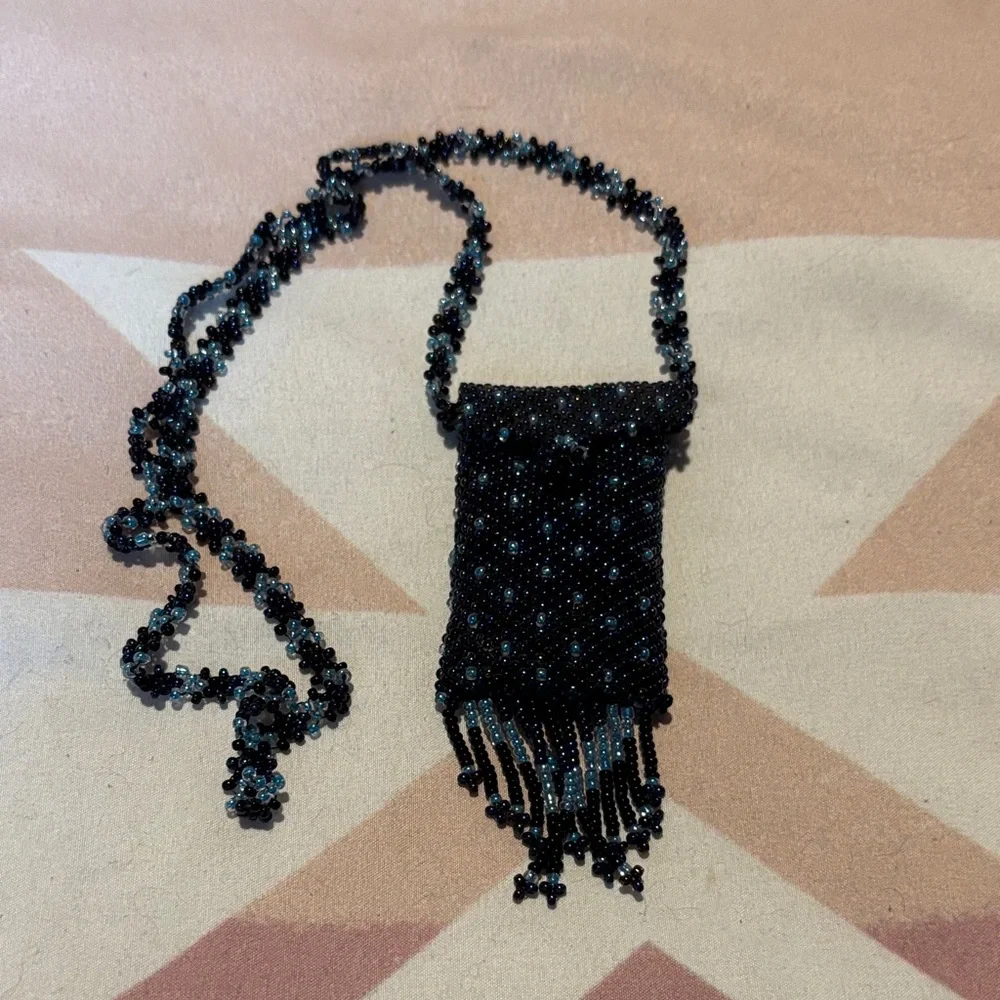 Beaded Black Medicine pouch Necklace with Fringe - Picture 1 of 3